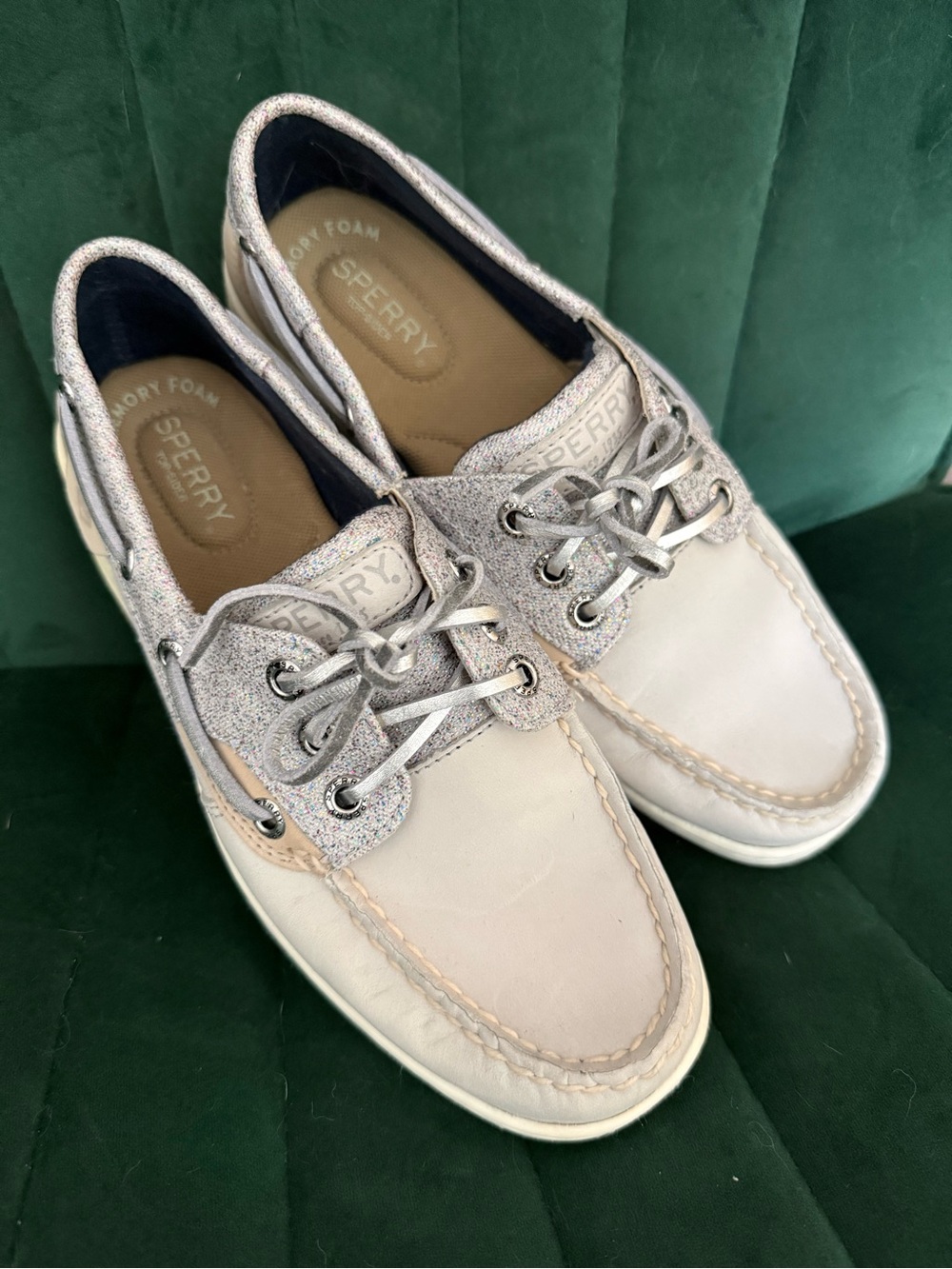 Sperry Cream Leather Boat Shoes with Silver Glitter Trim